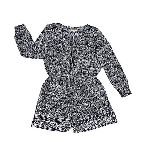 Loft Paisley Romper Blue Long Sleeve Roll Tab Hidden Button Boho Womens Sz 4 - Picture 1 of 8